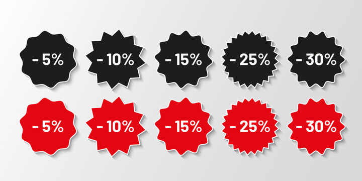 Discount red and black promo boxes, stamps. Price drop star burst stickers, splash badges. Set of circle tag product labels. Starburst shapes isolated on white background. Vector illustration.