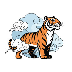 Obraz premium Illustration of a standing tiger with clouds in the background, featuring orange and black stripes with white accents.