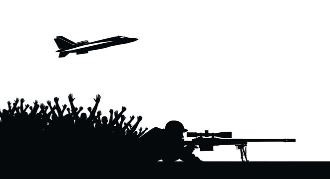 Sniper Aims at Crowd with Fighter Jet Flying Overhead, Silhouette