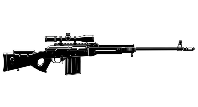 Sniper Rifle with Scope - Black and White Illustration