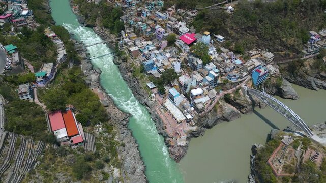Aerial view of Devprayag Sangam, Devprayag is a town and a nagar panchayat, near New Tehri city in Tehri Garhwal District in the state of Uttarakhand, India,