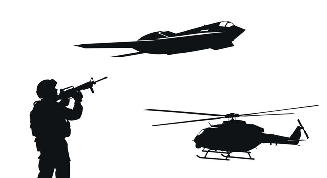 Soldier aiming rifle at stealth jet and helicopter, military action, defense concept