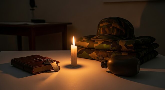 Candlelight Illuminating Military Gear and Bible