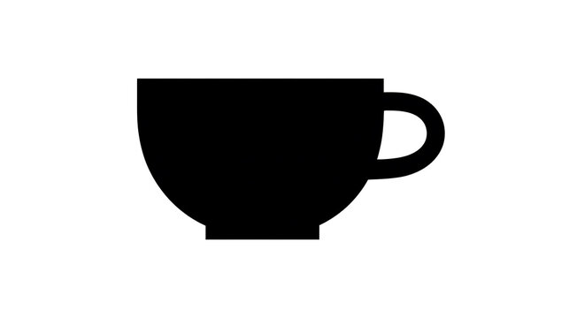 A minimalist black coffee cup against a neutral background. The cup features a classic handle design