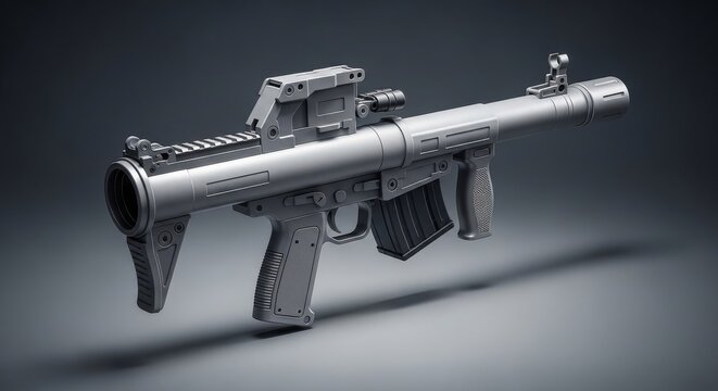 A detailed 3D model of a modern tactical rifle