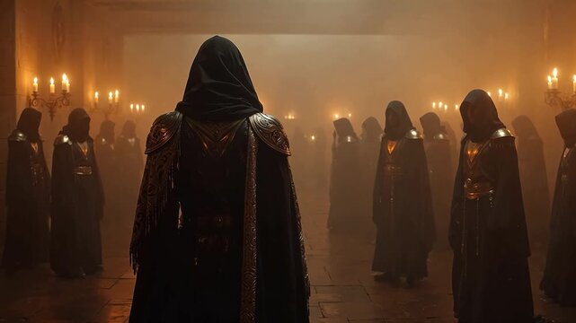 Cloaked figures in a candlelit hall