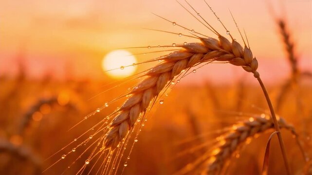 Golden wheat ear with morning dew drops at sunrise, suitable for agriculture content, food industry marketing, natural product promotion, and healthy lifestyle themes.