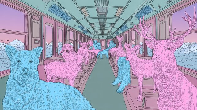 Surreal Animal Train Journey: Whimsical Travel in a Dreamlike Setting