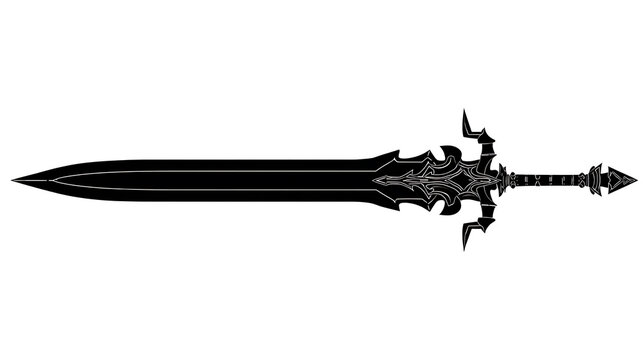A black ornate longsword against the backdrop. The sword is richly detailed, and exudes an aura of strength