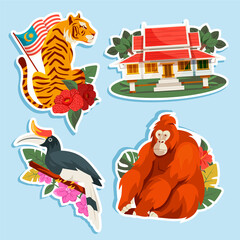 Malaysia Travel Sticker Set with Tiger Orangutan Hornbill and Traditional House © Macrovector