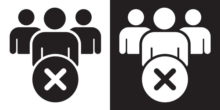 Group of people icons with a bold "X" mark. Symbolizes rejected applicants, removing members, cancelling a subscription, or deleting a social group in a digital interface.