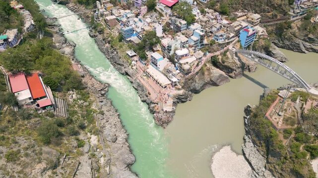 Aerial view of Devprayag Sangam, Devprayag is a town and a nagar panchayat, near New Tehri city in Tehri Garhwal District in the state of Uttarakhand, India,
