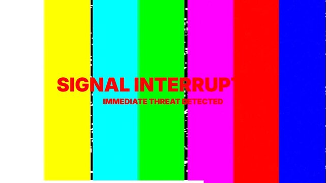 Signal Interrupted Immediate Threat Detected Retro Analog Television Test Pattern Glitch for World War III Emergency Alert System and Cyber Warfare Simulation 4K
