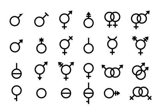 Male, female, transgender, gay, bisexual and other orientation signs. Vector gender symbols. Set outline black icons isolated on white background. Simple illustration. Sexual concept.