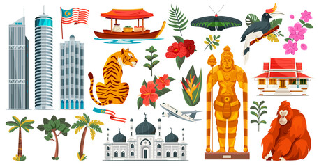 Malaysia Travel Illustration Set with Tiger Orangutan Hornbill and Landmarks © Macrovector