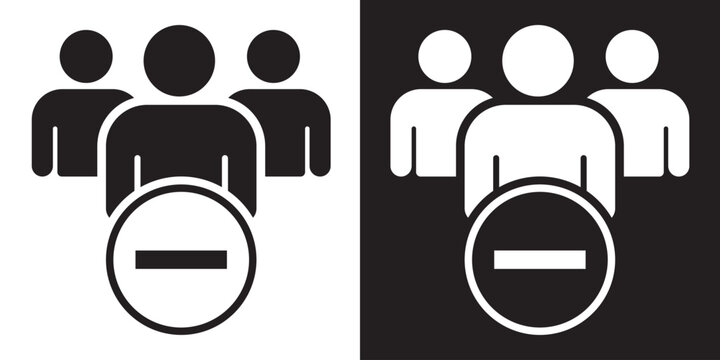 User group silhouette with a minus symbol. Represents staff reduction, removing users from a list, decreasing group size, or unsubscribing from a team channel.