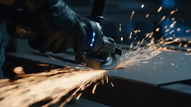Industrial Worker Grinding Metal with Angle Grinder.