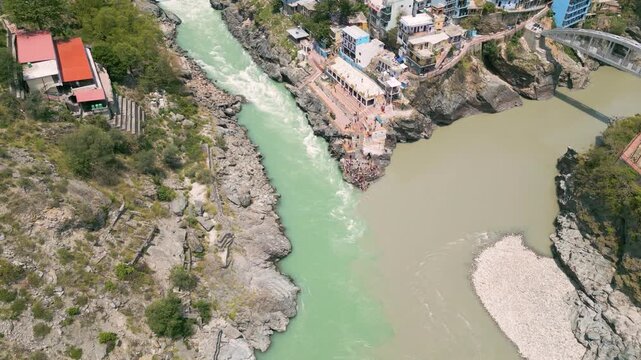 Aerial view of Devprayag Sangam, Devprayag is a town and a nagar panchayat, near New Tehri city in Tehri Garhwal District in the state of Uttarakhand, India,