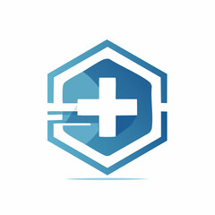 Obraz premium Healthcare and Medical Services Emblem with Blue Hexagonal Shield and Plus Sign Icon