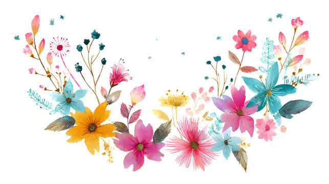 Whimsical watercolor wildflower half monogram frame, fantasy meadow flowers and leaves forming a decorative top floral swag.
