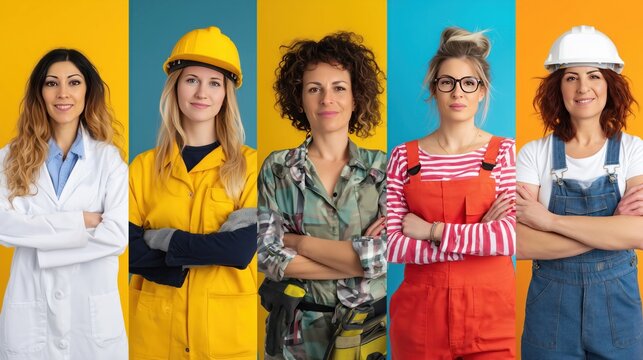 Professional Women in Diverse Occupations with Arms Crossed Against Colorful Backgrounds