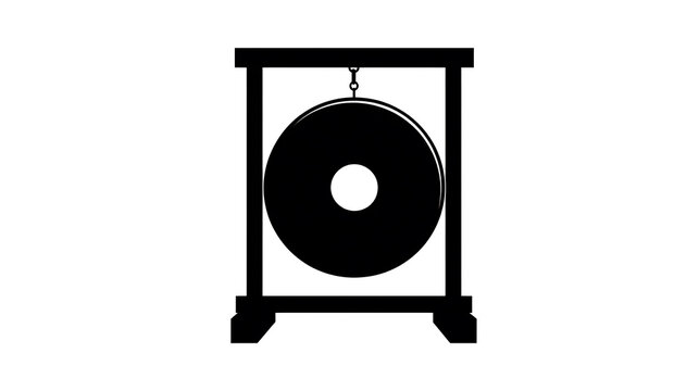 A silhouette image of a large, circular gong hanging from a wooden stand, typically used for sound