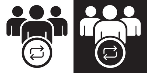 Obraz premium Human silhouettes with circular sync arrows. Symbolizes team rotation, workforce exchange, account synchronization, community updates, and collaborative workflow processes.