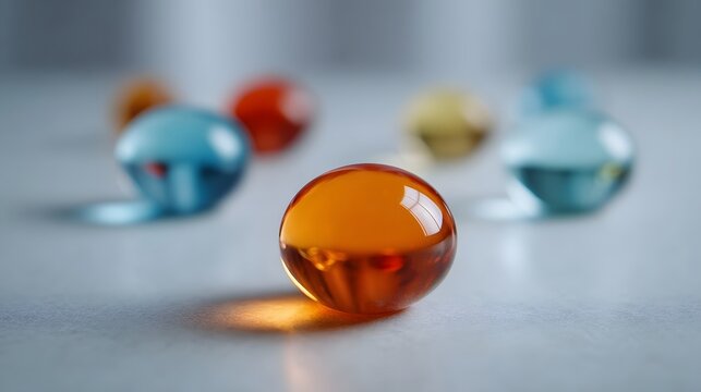 Close up of vibrant glossy translucent spheres filled with liquid arranged on a textured surface with blurred background