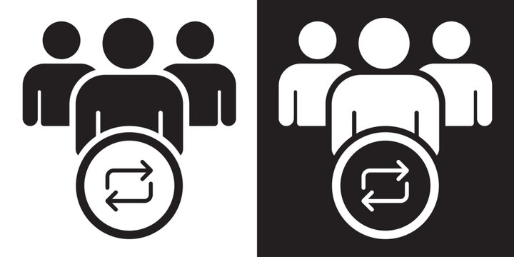 Human silhouettes with circular sync arrows. Symbolizes team rotation, workforce exchange, account synchronization, community updates, and collaborative workflow processes.