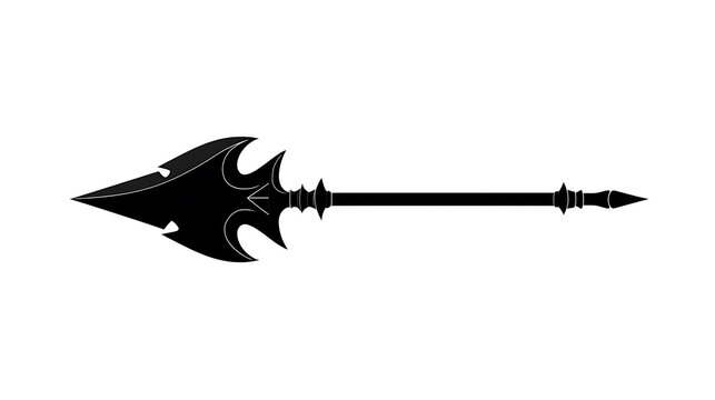 A detailed illustration of a spear in black silhouette, depicting its sharp blade and long handle
