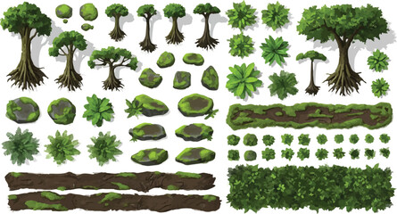 Top-Down Green Tree and Bush Vector Set for Game Design isolated PNG with Transparent Background © sweet.love.com