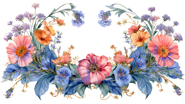 Whimsical watercolor wildflower botanical crest monogram frame, decorative floral arrangement with layered fantasy meadow flowers and elegant leaves.