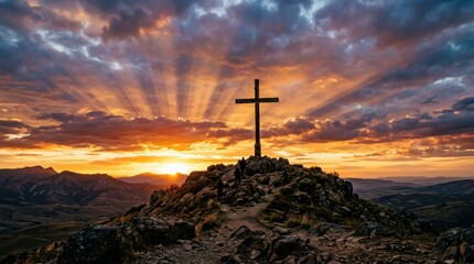Obraz premium Wooden cross on a rocky hilltop at sunset with dramatic sun rays through the clouds