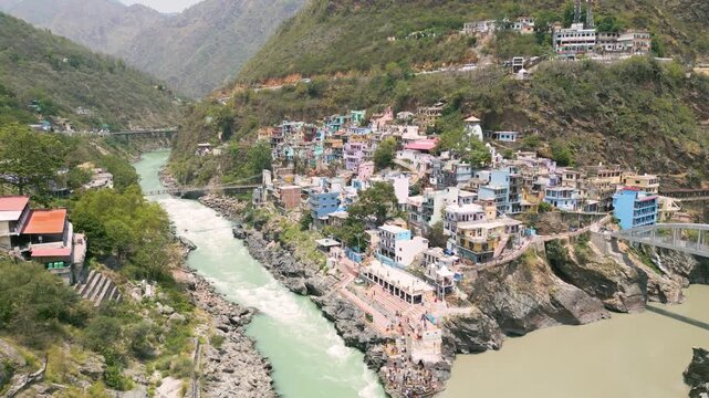 Aerial view of Devprayag Sangam, Devprayag is a town and a nagar panchayat, near New Tehri city in Tehri Garhwal District in the state of Uttarakhand, India,