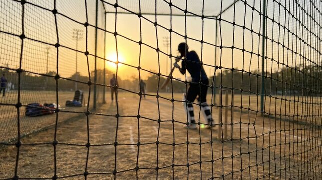 Cricketer practicing batting at sunset in training nets  
