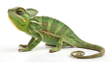 Fototapeta premium Green chameleon standing on white background looking up