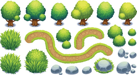 Set of 25 Pixel Art Isometric Nature Elements Vector isolated PNG with Transparent Background