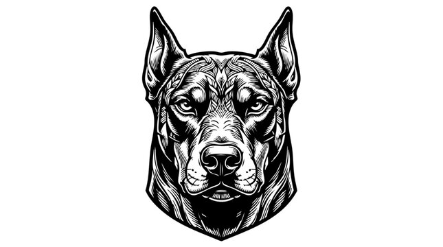 Detailed black and white illustration of a Doberman Pinscher dog head.