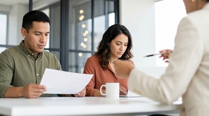 Fototapeta premium Couple reviewing documents with advisor at modern office table, focused expressions and collaborative atmosphere during consultation meeting
