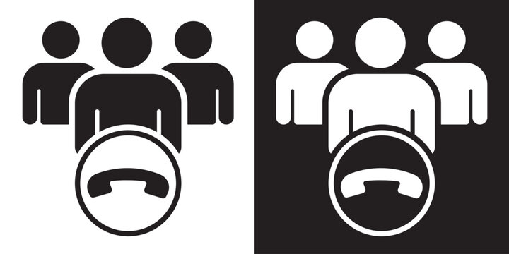 Three person icons with a telephone handset symbol. Ideal for customer service, technical support team, call center, and communication concepts. Modern minimalist vector style.