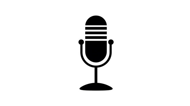 A black illustration of a vintage microphone. It stands on a pedestal, representing audio recording and broadcast technology.