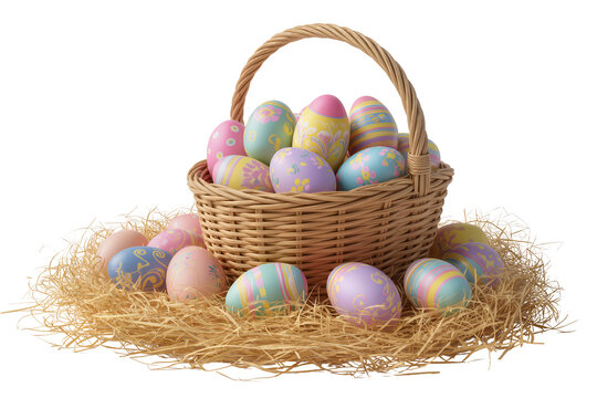 Wicker basket filled with vibrant, decorated Easter eggs, surrounded by straw and more colorful eggs, isolated PNG for spring holiday designs