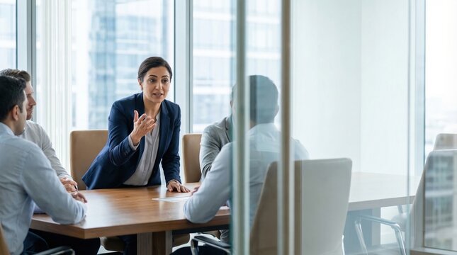 Middle eastern businesswoman leading meeting in glass conference room, confident expression and engaged colleagues in formal attire