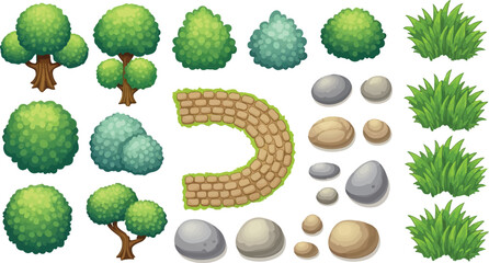 Set of Green Cartoon Trees, Bushes, Grass, Stones, and Cobblestone Path Vector isolated PNG with Transparent Background