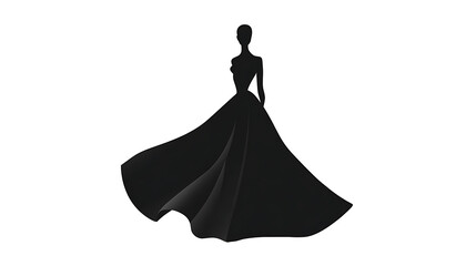Naklejka premium A fashion illustration silhouette in black depicting a elegant gown. The gown has a flowing skirt. The silhouette is of a woman.