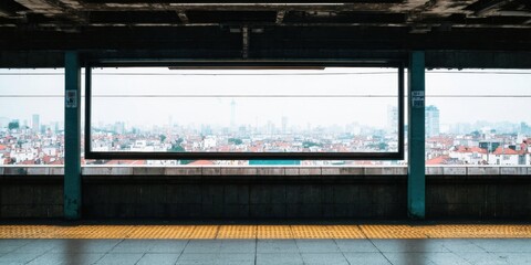 Fototapeta premium Empty train platform frames distant cityscape. Concrete structure contrasts vibrant urban sprawl. Minimalist composition, muted tones dominate scene.