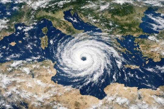 Satellite view of a massive cyclonic storm with a clear eye over the Mediterranean Sea between Southern Europe and North Africa