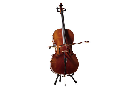 Elegant wooden cello with bow, standing on a black tripod stand, isolated PNG on transparent background, classical string instrument for music and art