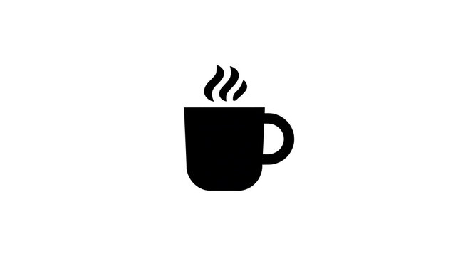 An isolated minimalist image of a steaming black mug. The cup is styled with simple lines and curves, showcasing the steam