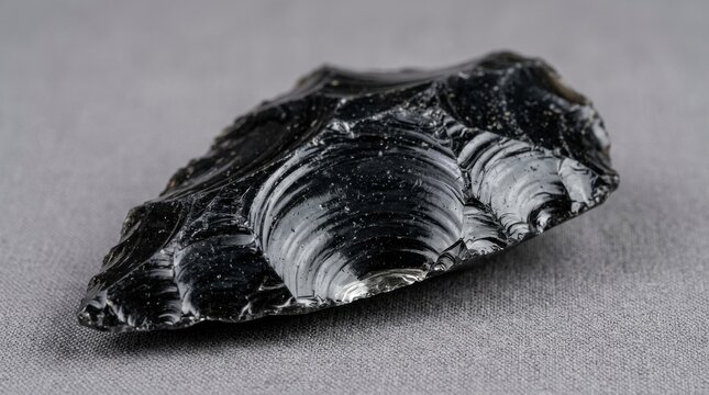 Close-up view of a dark obsidian fragment showcasing its characteristic glassy texture and conchoidal fracture pattern.